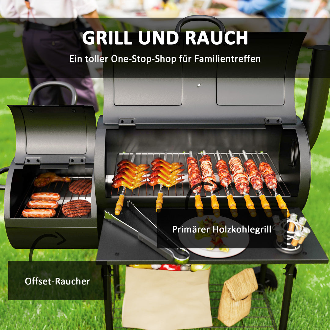Kulgrill af stål bbq-ryger med låg, termometer, hjul, lufttilførsel og kulbakke