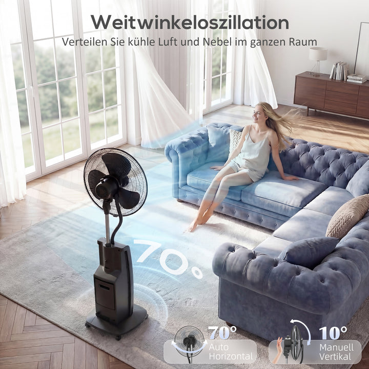 Dugblæser med fjernbetjening, piedestalblæser med vandtåge, 70° oscillation, 3 hastigheder, 3 tilstande, 3,1L vandtank