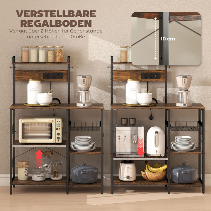 Køkkenreol, fritstående hylde med 2 stikkontakter, 5 S-kroge, 5 hylder, kurv, X-stivere, stål, 90 x 42 x 130 cm