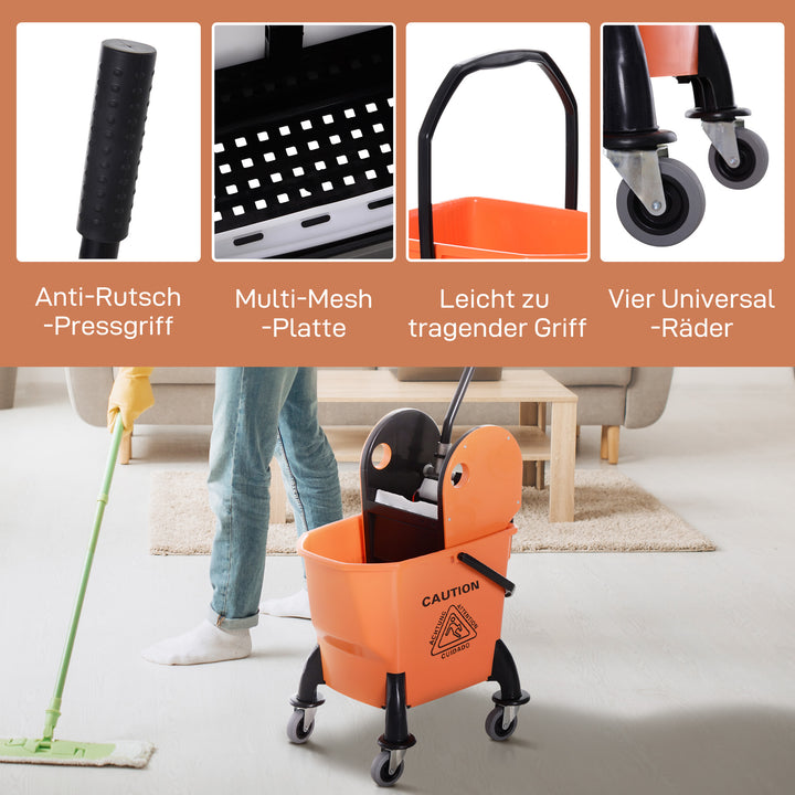 Rullespand til rengøring, moppespand, moppepresse, 26 l, plastik, orange
