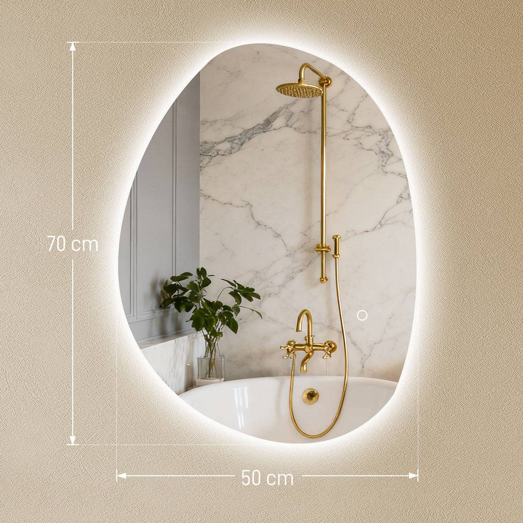 70 x 50 cm asymmetrisk badeværelsesspejl med LED-lys, smart touch-afbryder, antidugfunktion, sølv