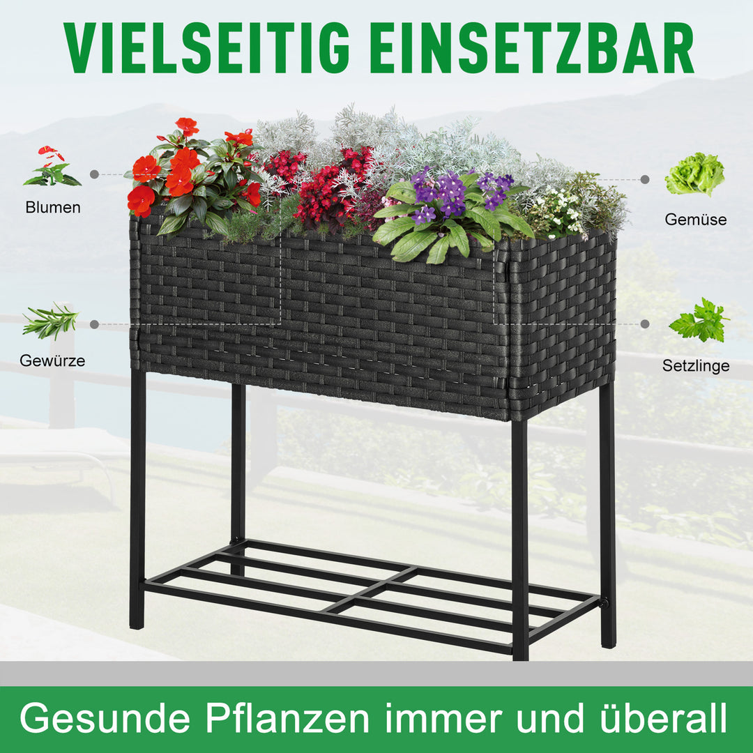 Højbed, blomsterkasse, dyb hylde, metalstel/polyrattan, 70 x 30 x 70 cm, mørkebrun
