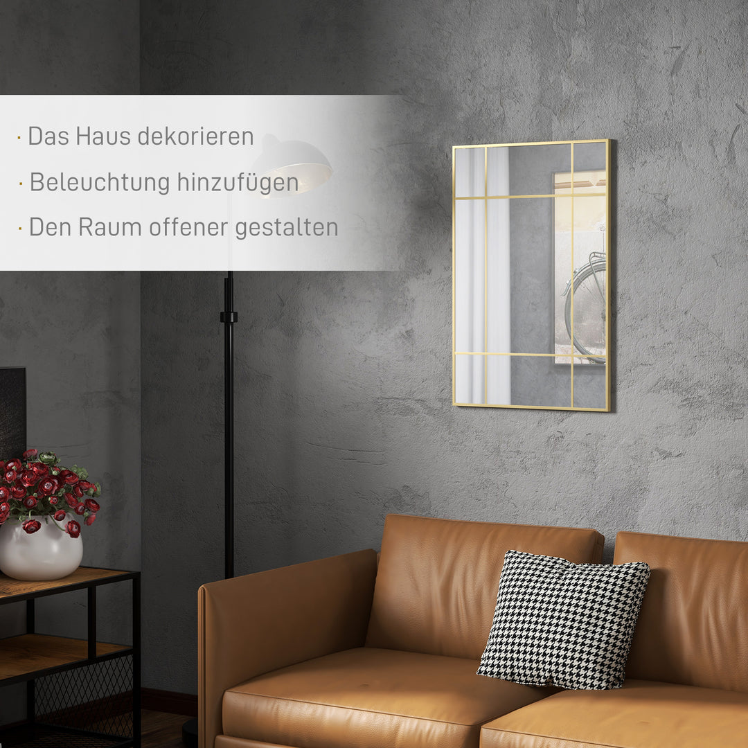 Vægspejl, dekorativt spejl med metalramme, guldfarvede striber, flerlagsglas, 90B x 2D x 60H cm