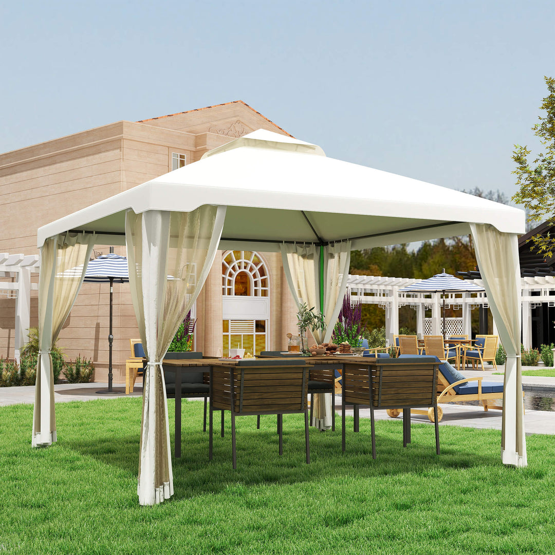 Solrigt lysthus med dobbelttag, ca. 3x3 m, vandtæt, stabilt, vintersikkert, havelysthus med myggenet, sidepaneler, metalhavelysthus, til haven, terrasse, cremehvid