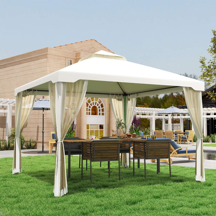 Solrigt lysthus med dobbelttag, ca. 3x3 m, vandtæt, stabilt, vintersikkert, havelysthus med myggenet, sidepaneler, metalhavelysthus, til haven, terrasse, cremehvid
