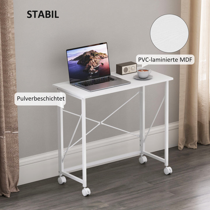 Skrivebord med hjul, foldbart kontorbord med stålramme til arbejdsværelse/soveværelse, 80 x 40 x 75 cm, hvid