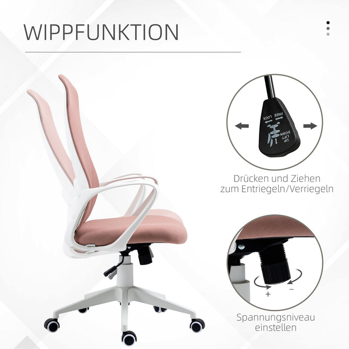 Kontorstol, computerstol, vipbart ryglæn, drejelig, højdejusterbar, 62x56x110-119,5 cm, pink