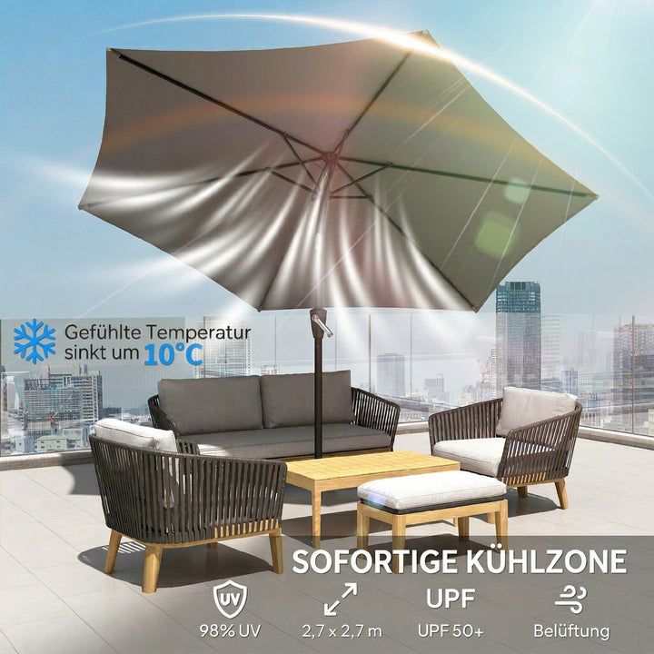 270 cm vipbar parasol, balkonparasol med håndsving, UV 50+, haveparasol, mørkegrå