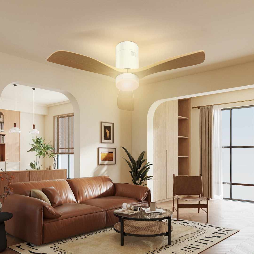 Loftsventilator med led-lys, 6 hastigheder, fjernbetjening, lysebrun