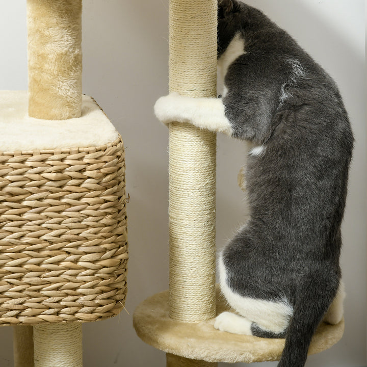 Kradsetræ til katte, 1 kattehule, 1 katteseng, 1 liggeflade, 1 rampe, 60 cm x 40 cm x 98 cm, naturlig + beige