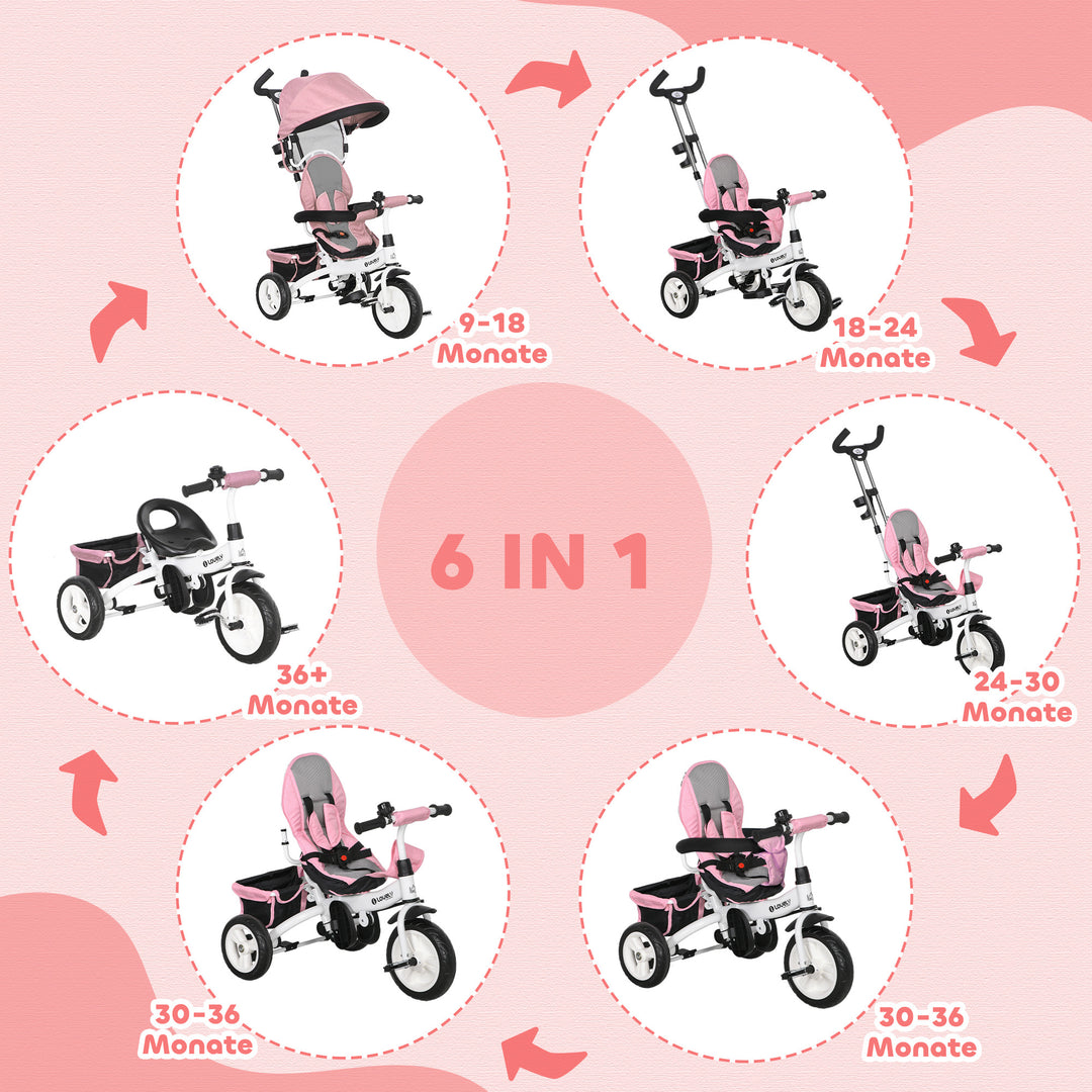 6-I-1 børnetrecykel med skubbehåndtag, kaleche, sele, opbevaringskurv, til 1-5 år, lyserød