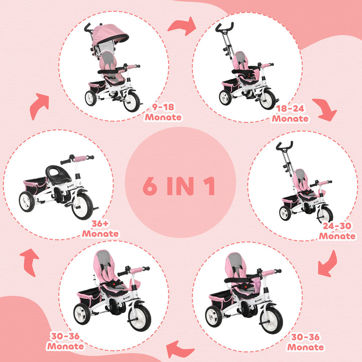 6-I-1 børnetrecykel med skubbehåndtag, kaleche, sele, opbevaringskurv, til 1-5 år, lyserød