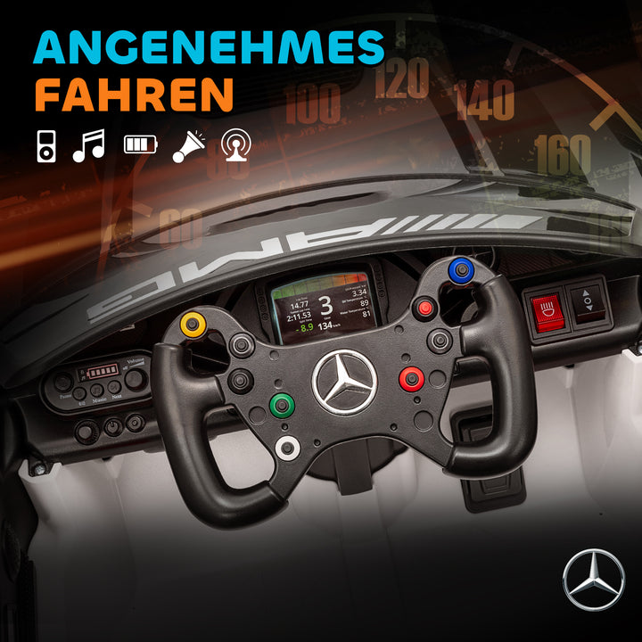 Mercedes elbil, børnekøretøj, 12V batteri, LED-lys, musikfunktion, horn, 3-8 år, hvid