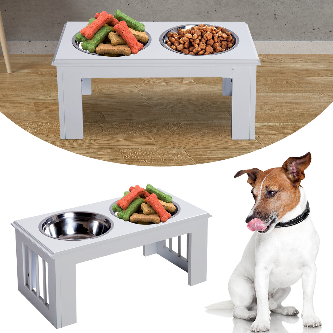 Foderstation til hunde, skridsikker, 58,4 x 30,5 x 25,4 cm, hvid, 2 l pr. skål