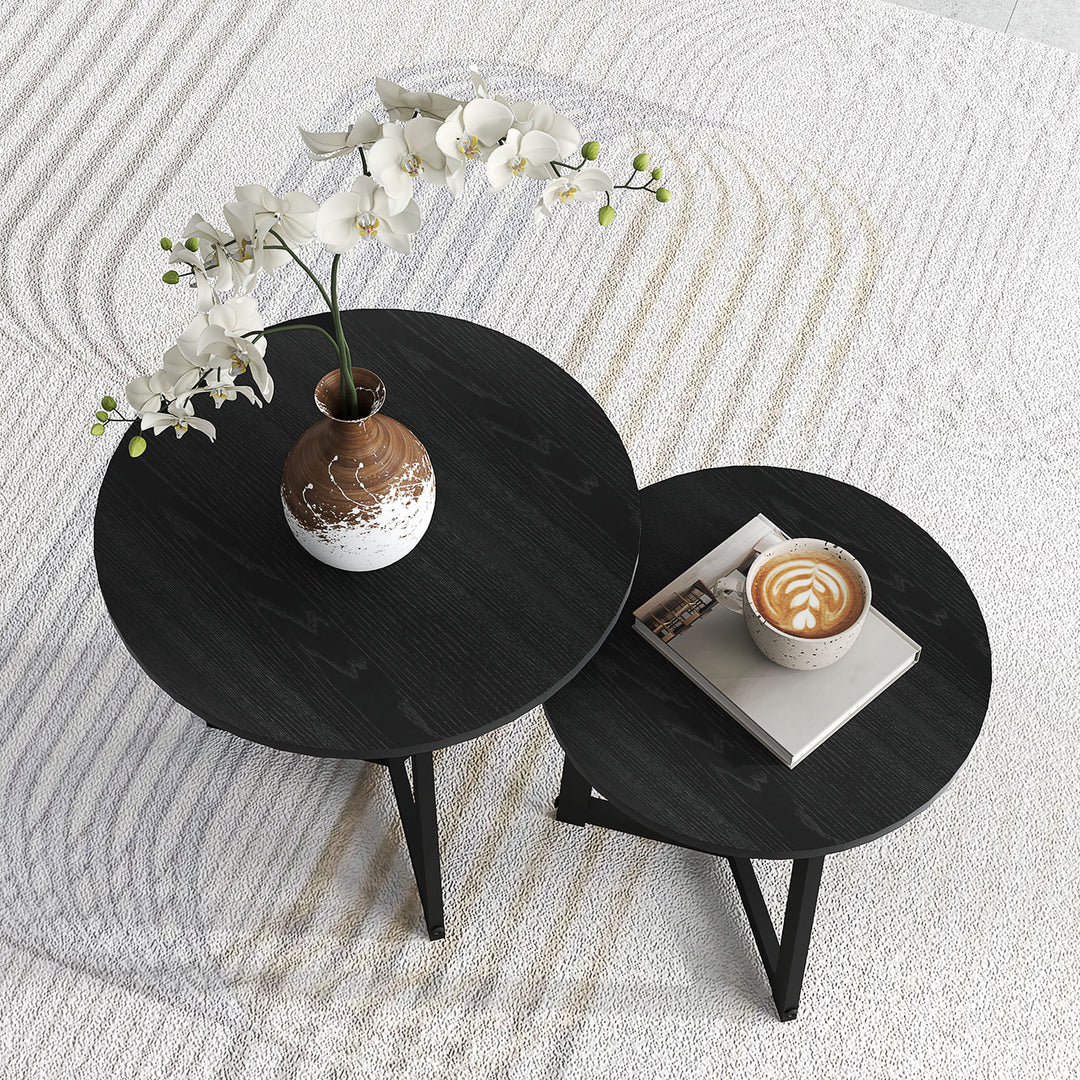 Moderne sofabordsæt med 2, metalstel, MDF, rundt design, stabelbart, sort