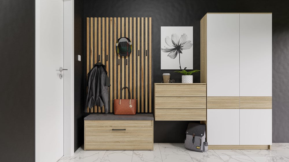 Skobænk med siddeplads og opbevaringsrum, japandi-stil, Dybde: 35 cm Bredde: 100 cm Højde: 49 cm