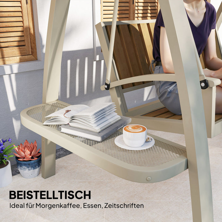 2-Personers havegynge med justerbart soltag og sidebord, 200 x 120 x 190 cm, beige