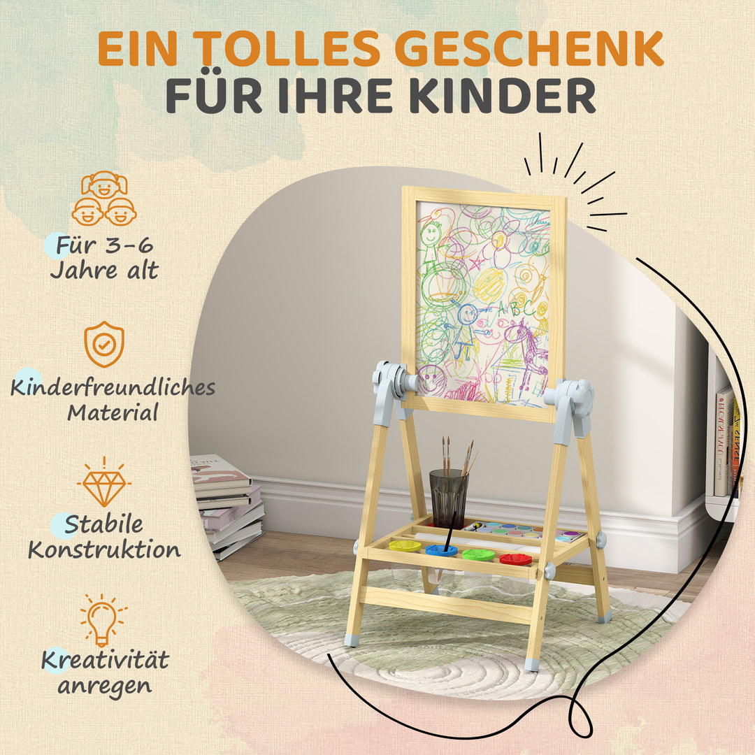 Børnestaffeli i træ, dobbeltsidet whiteboard og kridttavle, højdejusterbar stående kridttavle med papirrulle, hylde, naturfarvet