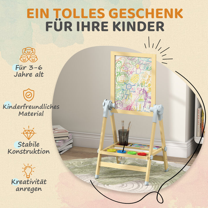 Børnestaffeli i træ, dobbeltsidet whiteboard og kridttavle, højdejusterbar stående kridttavle med papirrulle, hylde, naturfarvet