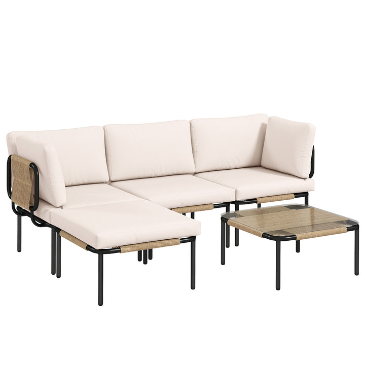 Polyrattan havemøbelsæt, 5 dele, med 2 hjørnestole, 2 skamler og bord. Bredt og dybt sæde, aftagelige hynder, khaki.