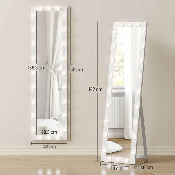 Helfigursspejl 150x40 cm LED-spejl med 24 lyspærer, 3 lysfarver, fritstående eller lænende, hvid