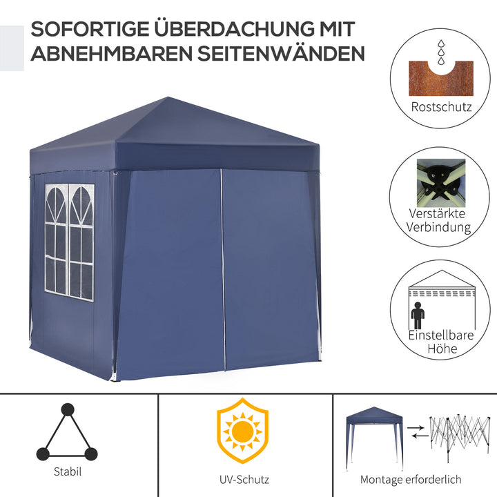 Pop-up-pavillon, øltelt, 4 aftagelige sidevægge, 2 vinduer, metalramme, 2 x 2m, blå