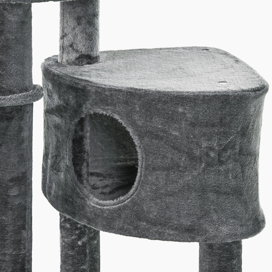 Lofthøjt kradsetræ, højde 220-265 cm, kradsetræ med legebolde, kattehule, hængekøje, sisalstolper, platforme, kradsetræ i flere niveauer til katte, klatretræ til mellemstore katte, mørkegrå