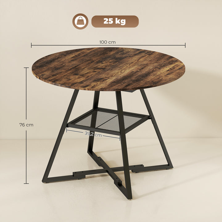 Spisebord til 4 personer, 100 cm rundt industrikøkkenbord med hylde, bordplade i trælook, rustik brun