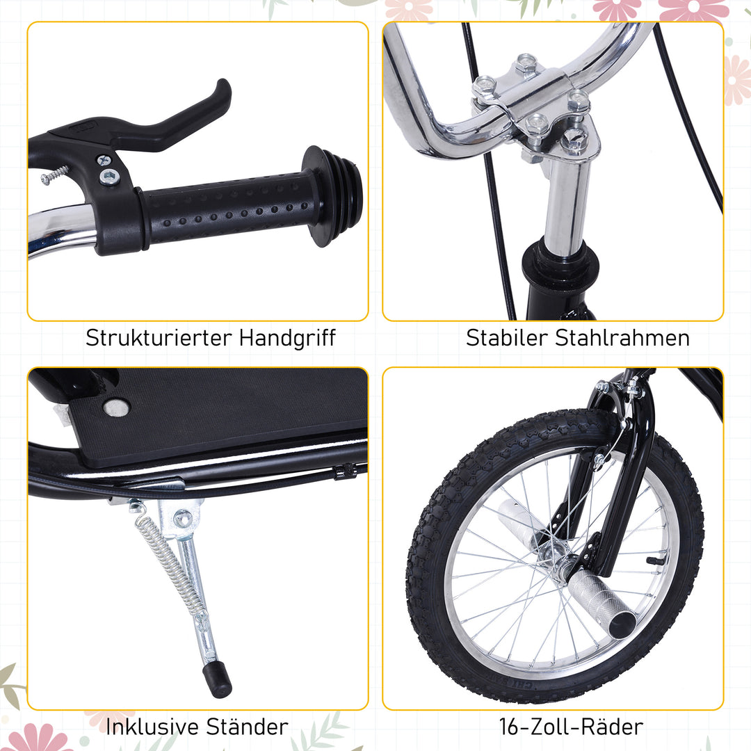 Børnescooter med pneumatiske dæk, sparkscooter, city scooter til børn, sparkbræt 16 tommer fra 5 år, højdejusterbar, sort, 143 x 58 x 92-100 cm