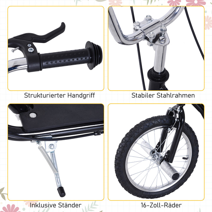 Børnescooter med pneumatiske dæk, sparkscooter, city scooter til børn, sparkbræt 16 tommer fra 5 år, højdejusterbar, sort, 143 x 58 x 92-100 cm