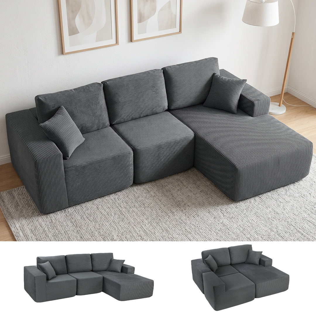 Modulær hjørnesofa, L-formet sovesofa med dybt sæde, brede armlæn, 2 hynder, mørkegrå