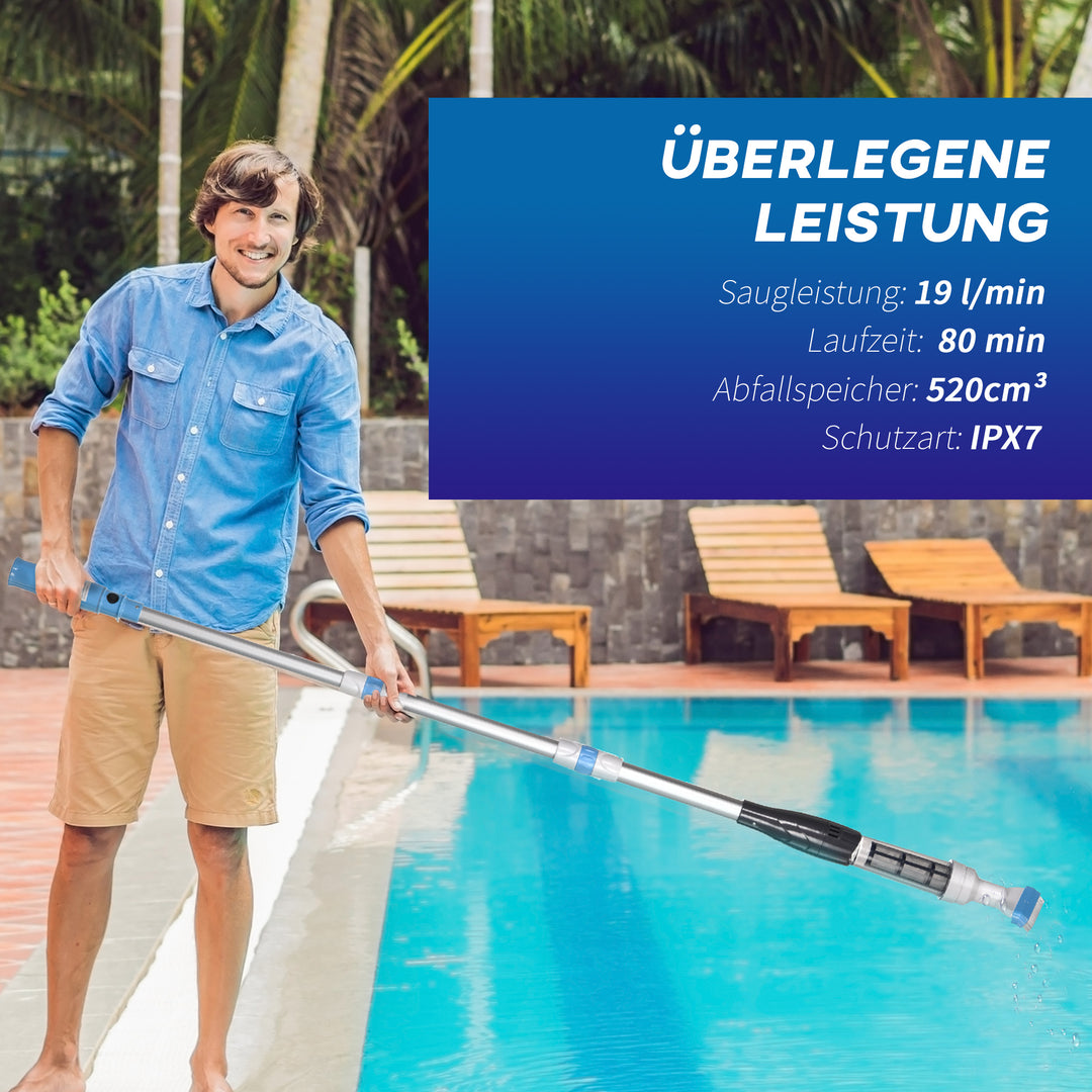 Poolstøvsuger, ledningsfri, 80 min. drift, letvægt: 800 g, 19 l vand/minut, aluminium, Ф6 x 106-162 cm