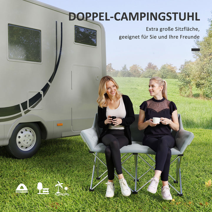 Klapstol 2-personers foldbar campingstol med armlæn sidelomme op til 240 kg lasteevne grå