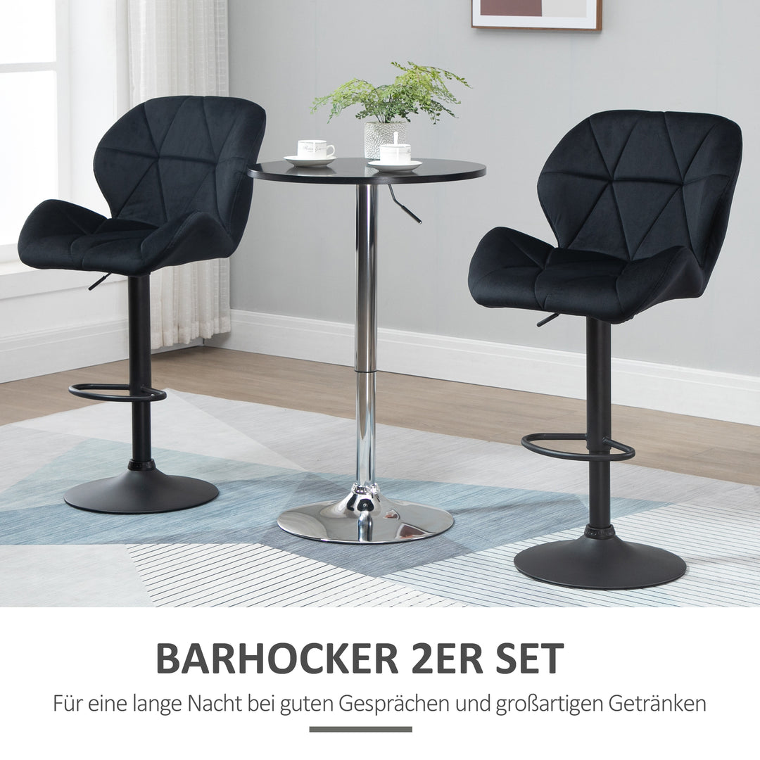 Sæt med 2 barstole, drejestole med ryglæn, højdejusterbar bistroskammel, barskammel, fløjlsberøring, armløs, skum, sort, 51,5 x 57,5 x 93-114,5 cm