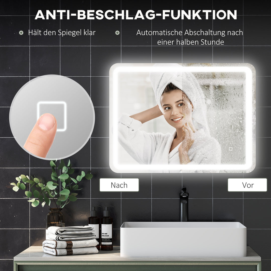 Badeværelsesspejl, oplyst, touch control, anti-dug, dæmpbar, 3 lysfarver, 60 x 80, sølv