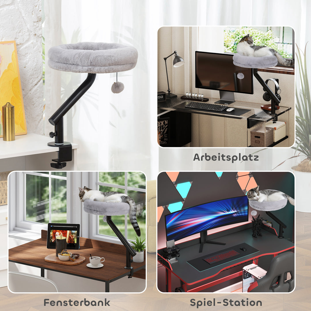 Katteseng til skrivebord, katteseng til skrivebord med 360° rotation, justerbar højde, katteseng med aftagelig, maskinvaskbar seng, til katte under 6 kg, hjemmekontor, grå
