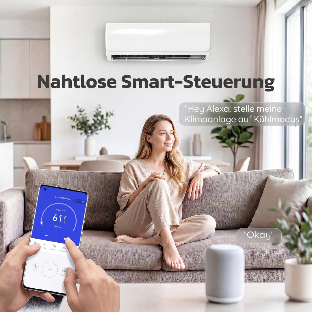 9000 BTU Mini Split Aircondition & Varmepumpe, WiFi-aktiveret inverter-klimaanlæg med installationssæt