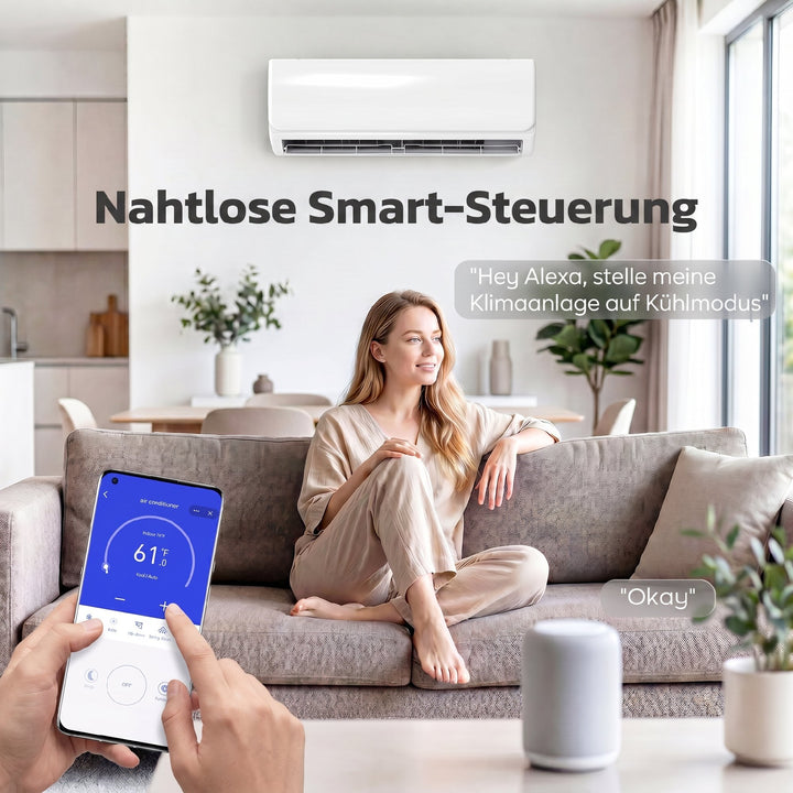 9000 BTU Mini Split Aircondition & Varmepumpe, WiFi-aktiveret inverter-klimaanlæg med installationssæt
