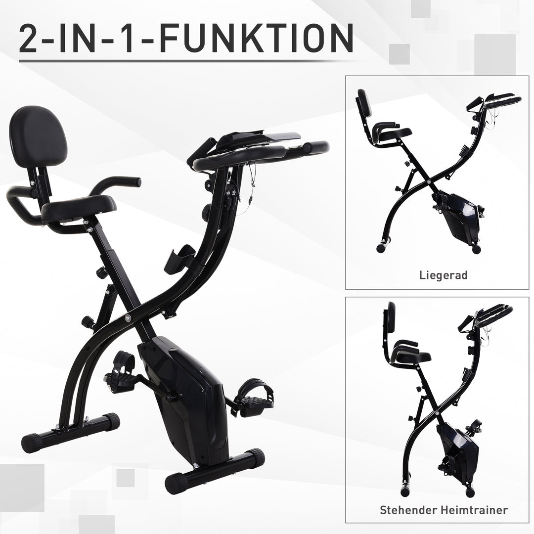 X-bike 2-i-1 motionscykel med lcd-skærm, pulsmåler, foldbar motionscykel med 8 niveauer af magnetisk modstand, 1 par spændereb, stål, sort, 105 x 48 x 118 cm