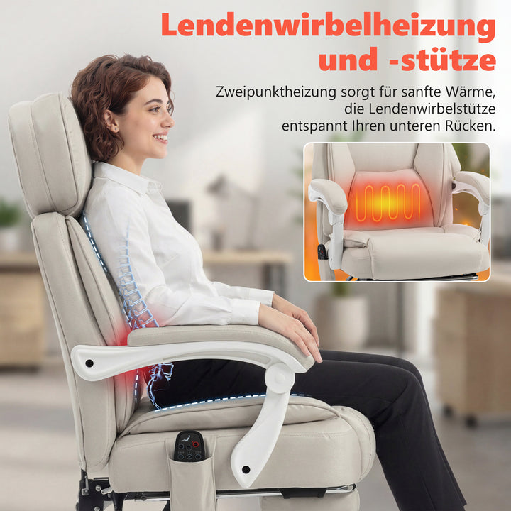Kontorstol med høj ryg, vibrationsmassage og varme, ergonomisk, vipbar, med fodstøtte, cremehvid