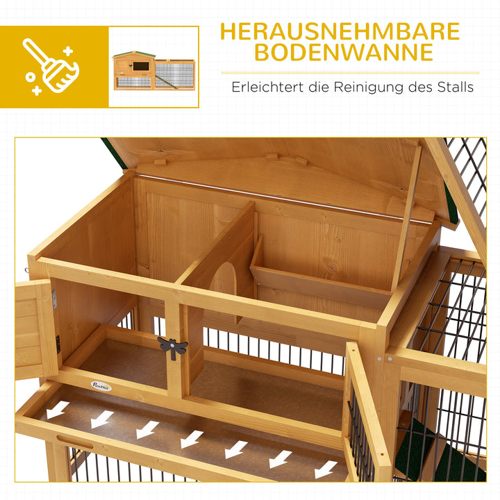 Kaninbur i 2 etager, vintersikkert to-etagers hus i grantræ med udendørs indhegning, rampe, 150x52x68 cm, gul