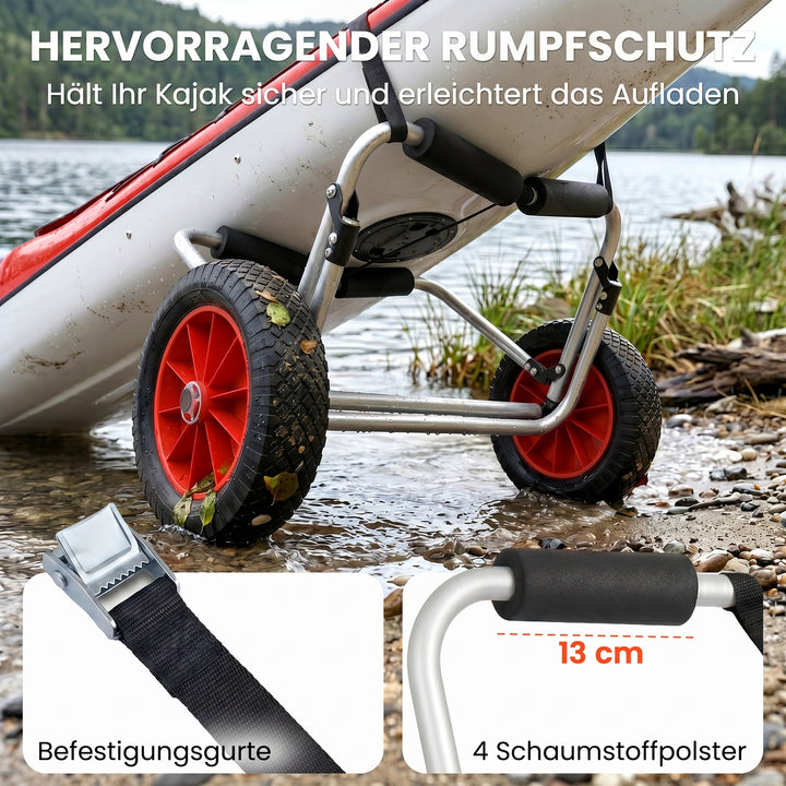 Sammenklappelig kanovogn op til 90 kg, transportvogn i aluminium, kajakvogn, bådvogn med rem, polstrede hjul, surfvogn, kanovogn, bådtrailer, vogn til surfbræt, bræt, oppustelig båd