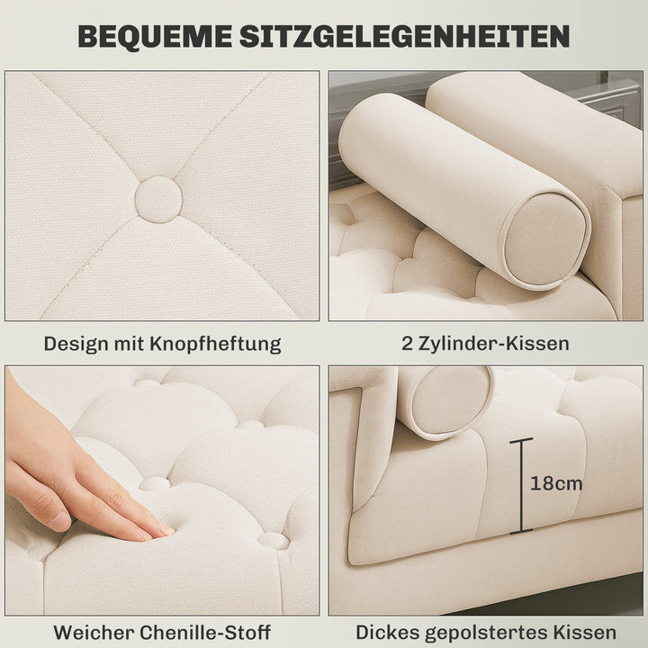 Polstret bænk, vintage design, 2 hynder, chenillebetræk, 115 x 44 x 58 cm, beige
