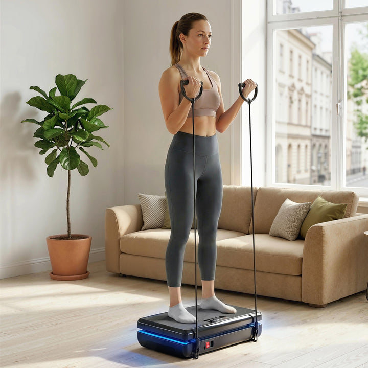 Vibrationsplade med 120 intensitetsniveauer, 5 forprogrammer, LED-lys, modstandsbånd, skridsikker overflade