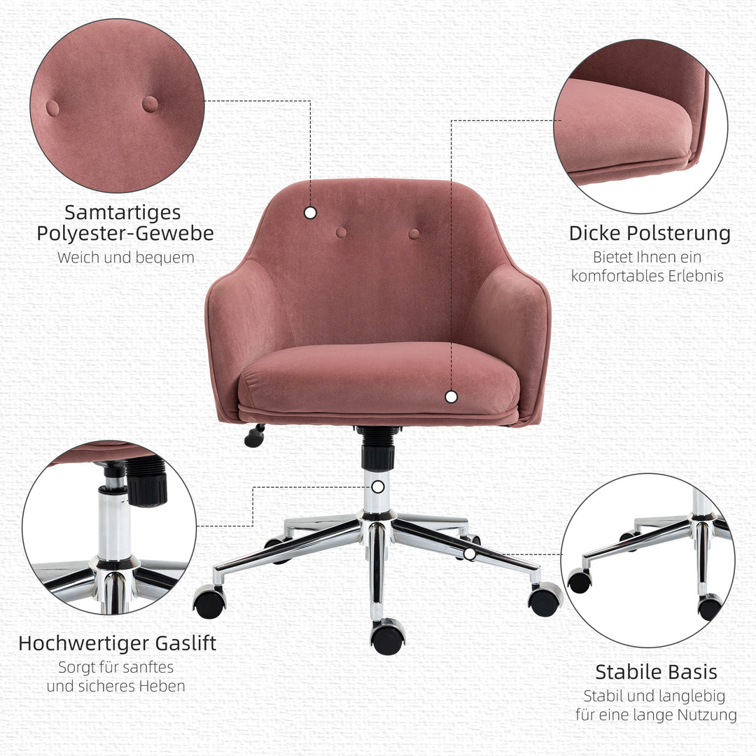 Kontorstol med knaplukning, højdejusterbar, gyngefunktion, fløjlslook, 61 cm x 59 cm x 90,5 cm, antik pink