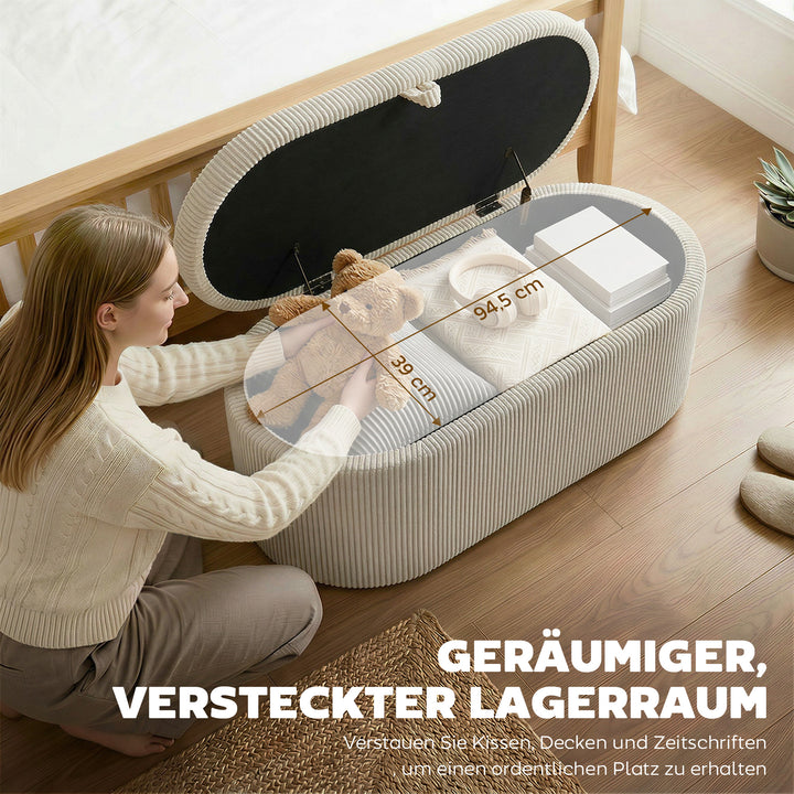 Puf med opbevaring, fløjlspolstring med polstret sæde, bænk ved foden af sengen, 105 x 51 x 49 cm, beige