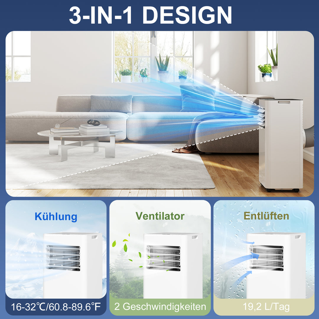 3-i-1 klimaanlæg, ventilator med LED-display, vaskbart filter, timer, hvid