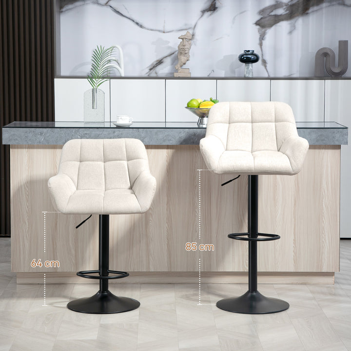 Barstolsæt med 2, retro design, højdejusterbar, kunstlæder, linnedlook, creme + sort