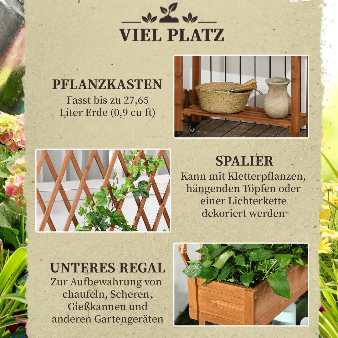 Højbed, integreret espalier, opbevaringshylde, hjul, massivt træ, brun, 79 x 29 x 130 cm