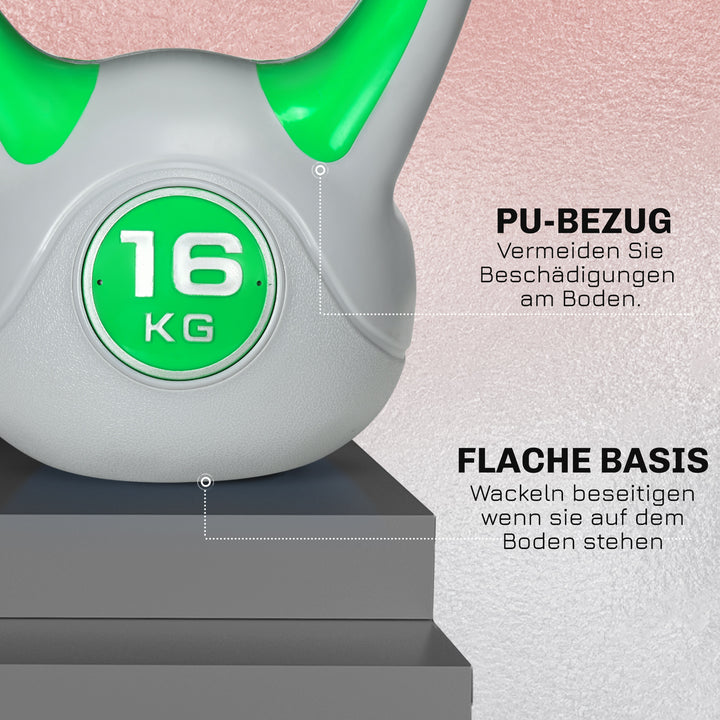 Kettlebell, 16 kg, flad bund, stort håndtag, vægtkugle, grøn, 27 x 17 x 31 cm